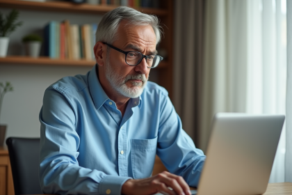 Homme d'âge moyen sur son ordinateur pour la retraite