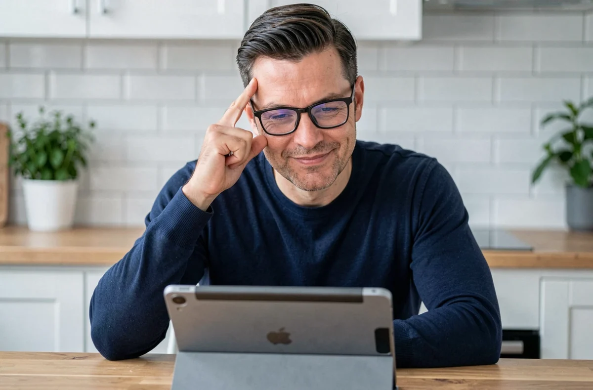 Homme d'une quarantaine d'années réfléchissant à un mot devant sa tablette dans une cuisine moderne, illustrant une partie de Cemantix