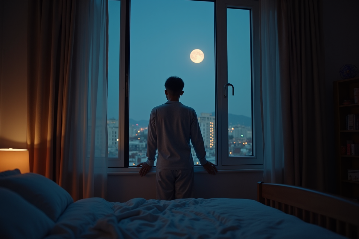 Homme regardant la nuit étoilée depuis la fenêtre de sa chambre