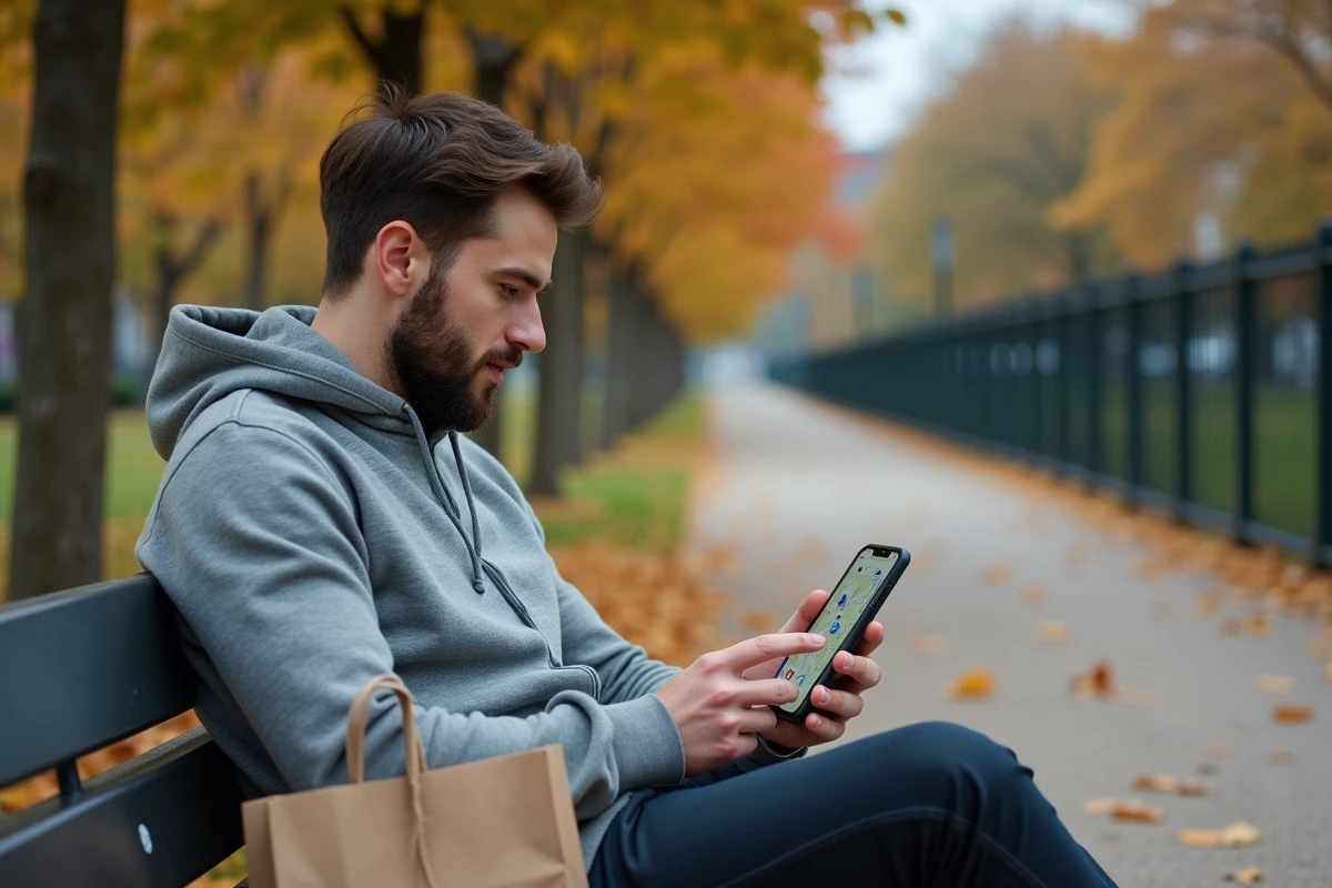 Homme utilisant Sabradou nord sur mobile pour localiser les braderies à proximité