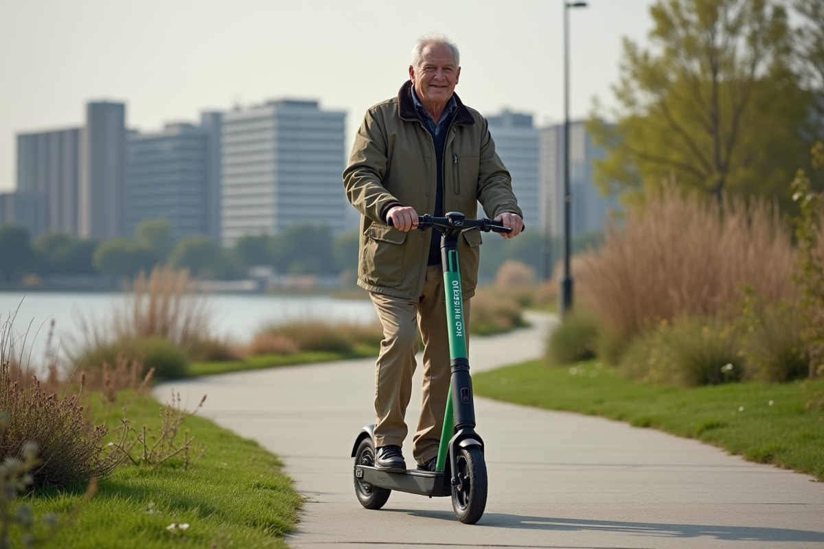 Homme âgé utilisant un scooter électrique près d’un parc riverain