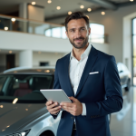 Homme en costume dans un showroom automobile moderne