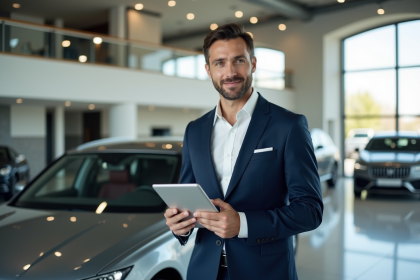 Homme en costume dans un showroom automobile moderne