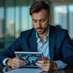 Homme en costume bleu examine une tablette blockchain
