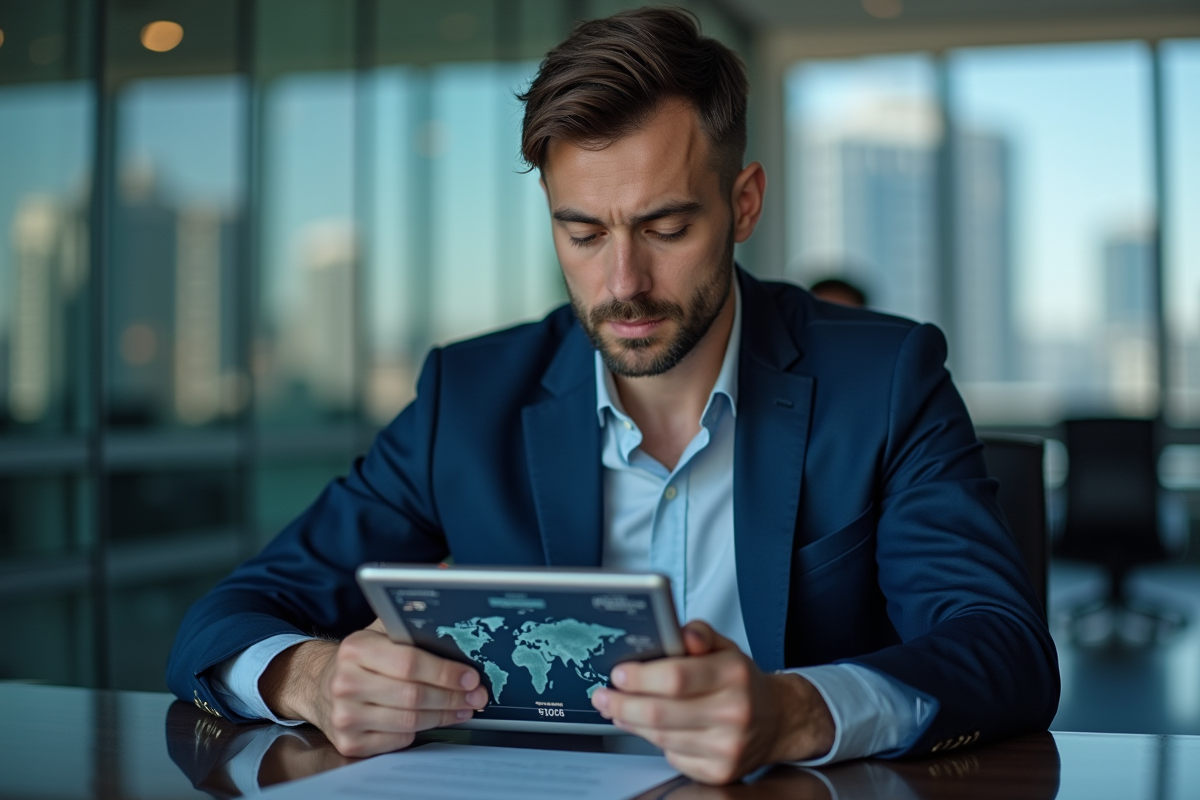 Homme en costume bleu examine une tablette blockchain