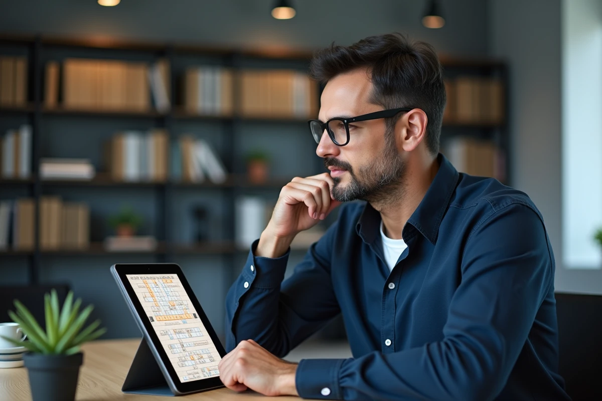 Homme en train de chercher un mot de 9 lettres sur une tablette avec le jeu 4 Images 1 Mot ouvert
