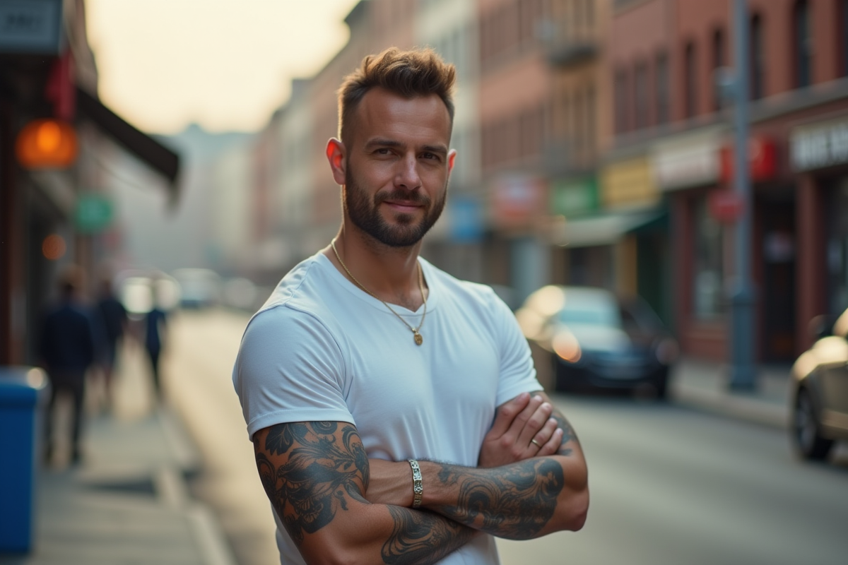Homme confiant avec tatouages visibles en extérieur