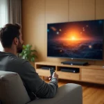 Homme utilisant la télécommande Orange TV pour naviguer dans le menu d'enregistrement sur son décodeur dans un salon moderne