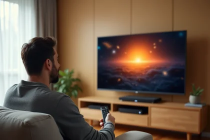 Homme utilisant la télécommande Orange TV pour naviguer dans le menu d'enregistrement sur son décodeur dans un salon moderne