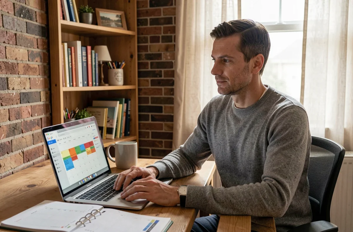 Homme en télétravail consultant Google Agenda avec organisation des semaines paires et impaires sur ordinateur portable à domicile
