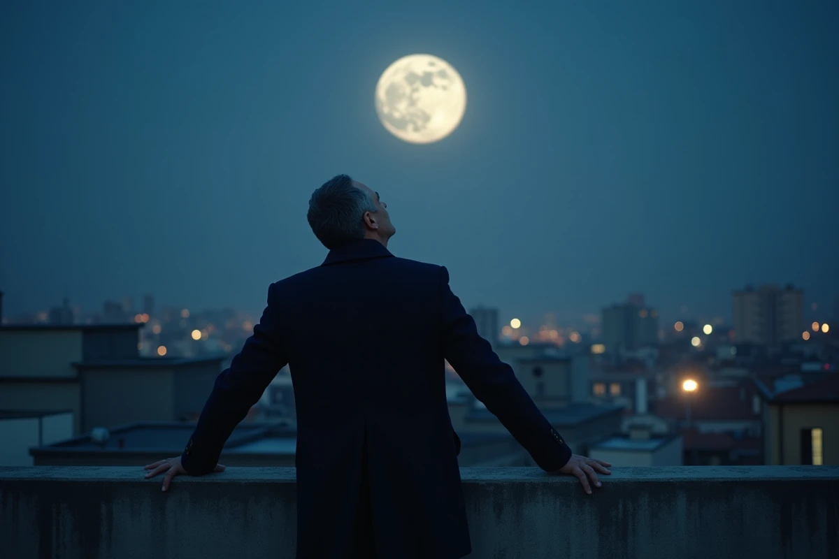 Homme sur une terrasse urbaine observant la pleine lune de novembre avec un sentiment d'intention et de projection