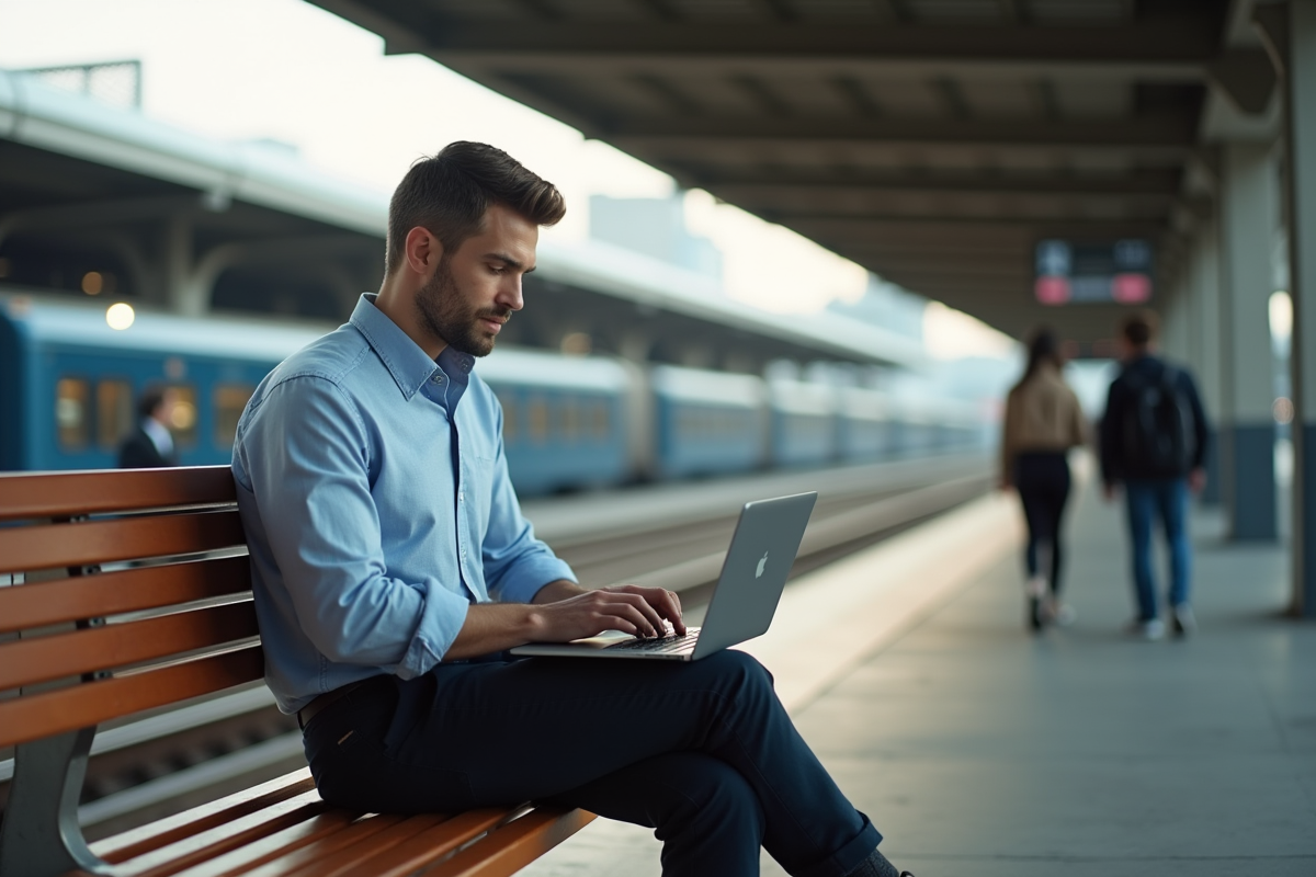 Homme en déplacement assis à la gare urbaine