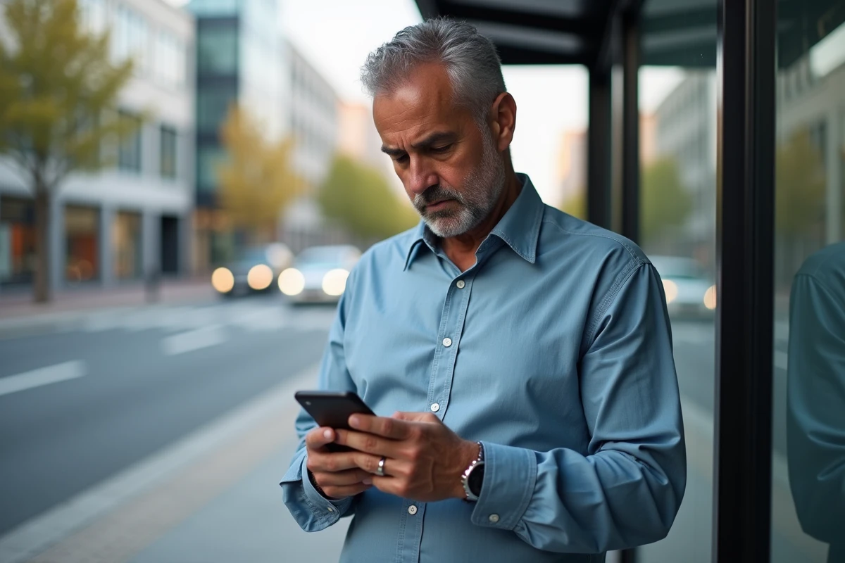 Homme d age moyen lisant des nouvelles sur son smartphone en ville