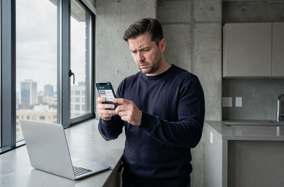 Homme vérifiant un indicatif téléphonique international sur son smartphone et ordinateur portable pour éviter une arnaque