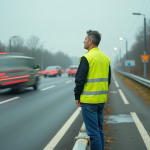 Homme en gilet jaune observant la route nationale