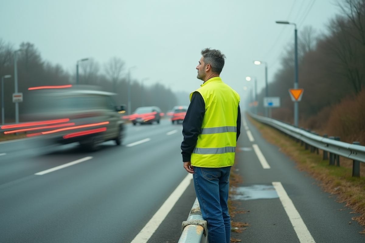 Homme en gilet jaune observant la route nationale