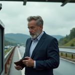 Homme en costume au péage français regardant la machine