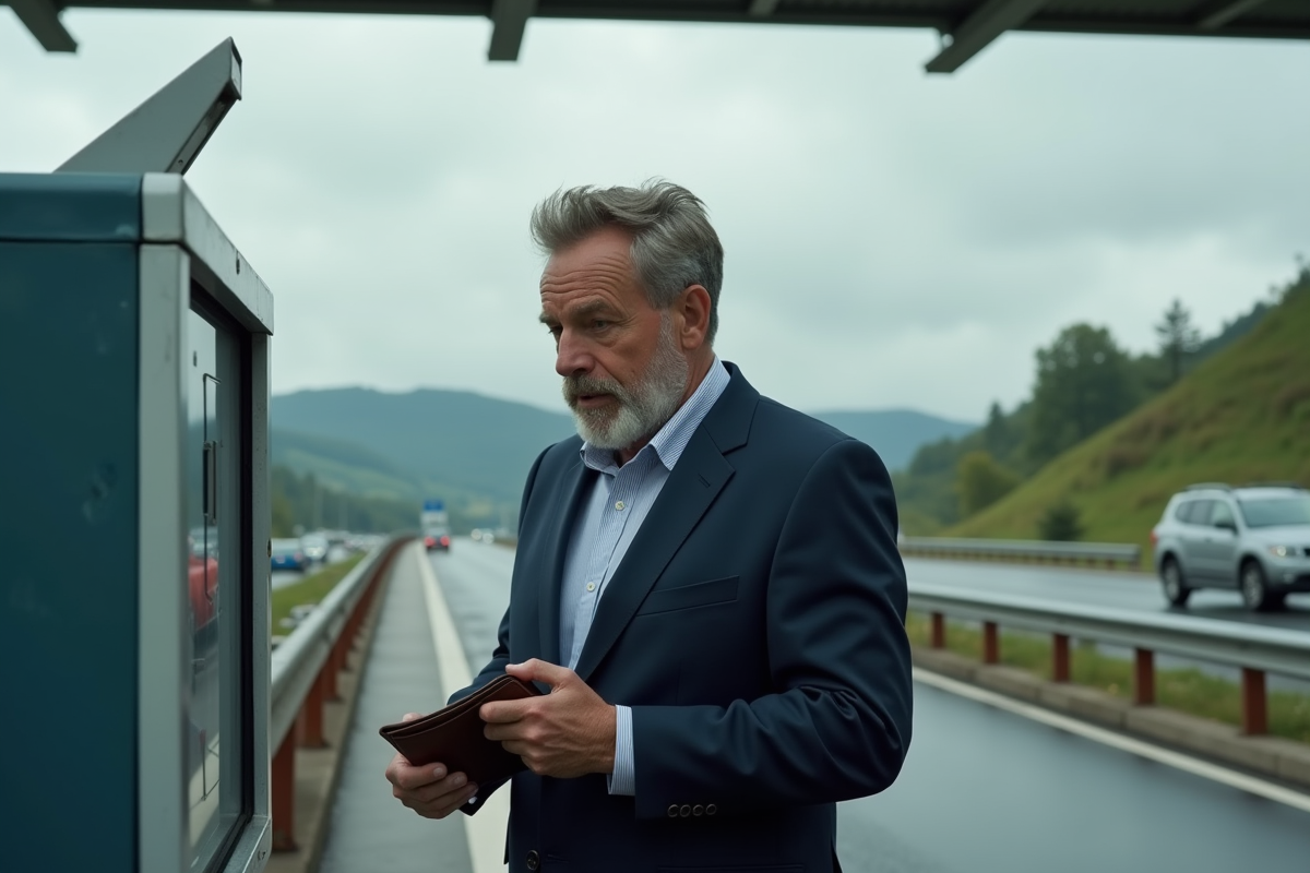 Homme en costume au péage français regardant la machine