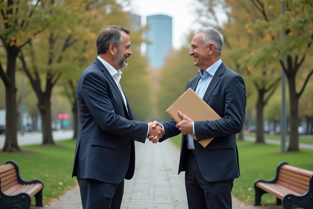 Deux hommes d affaires échangeant un document dans un parc urbain