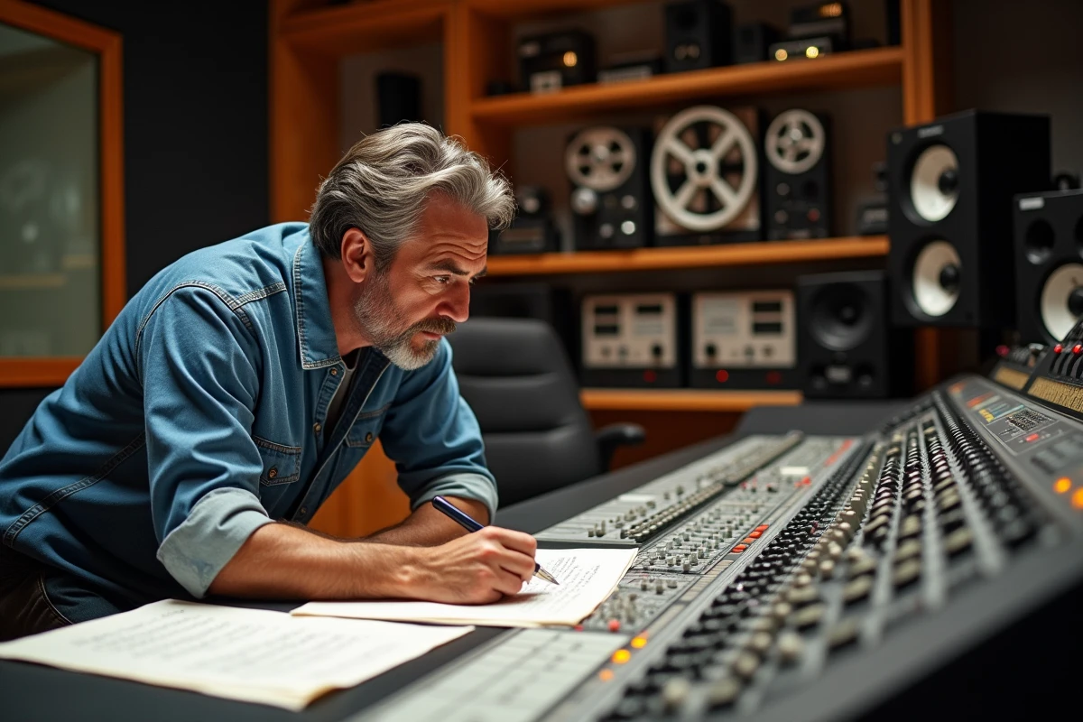 Ingénieur du son dans un studio d'enregistrement français classique étudiant des partitions sur une console analogique vintage