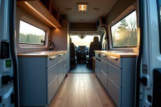 Intérieur professionnel d'un Peugeot Expert van avec rangement