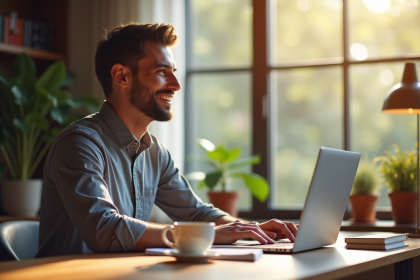 Jeune entrepreneur confiant dans un bureau à domicile lumineux