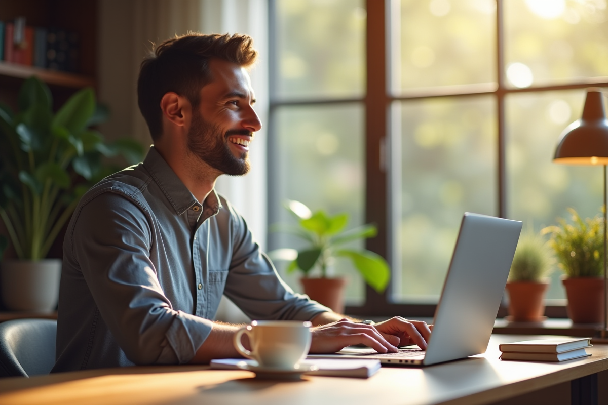 Jeune entrepreneur confiant dans un bureau à domicile lumineux