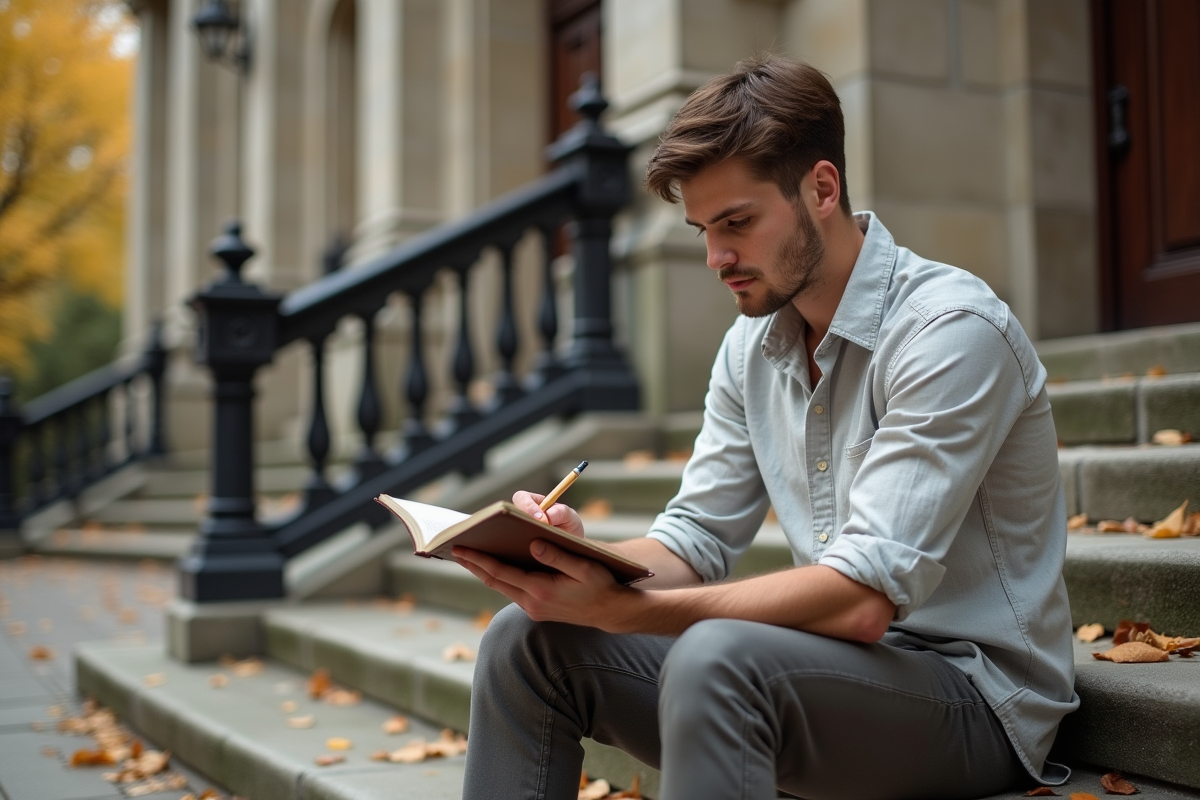 Jeune etudiant en mode esquissant un design sur un carnet en plein air