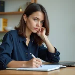 Jeune femme en bureau moderne écrivant dans un carnet