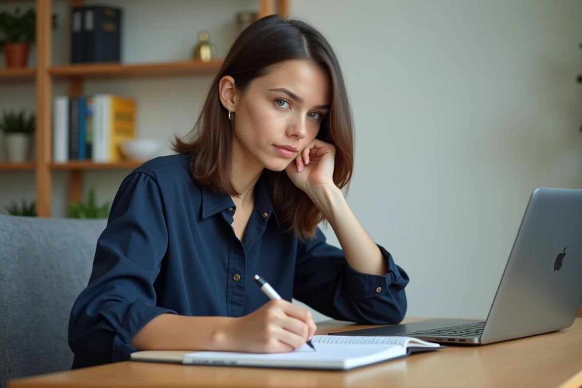Jeune femme en bureau moderne écrivant dans un carnet