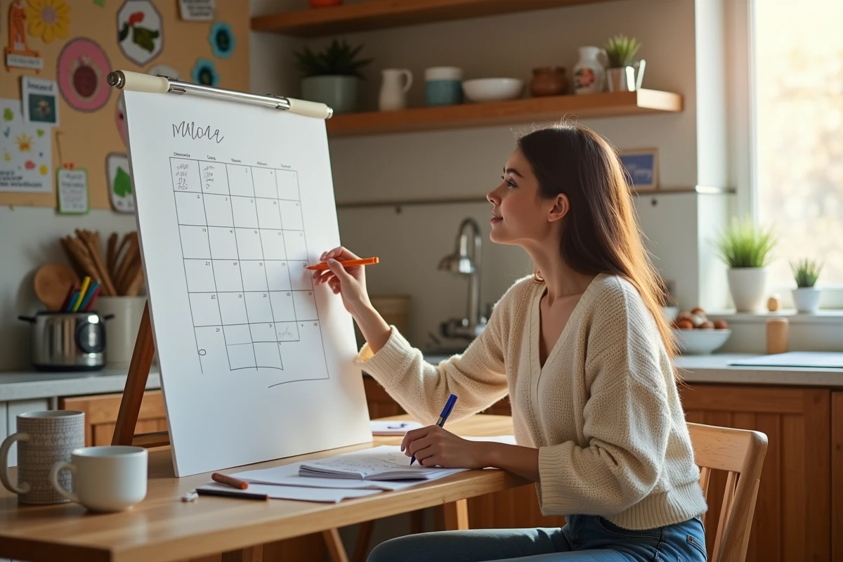 Femme dessinant une date sur un calendrier mural à la maison