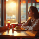 Jeune femme pensant devant un burger dans un fast food