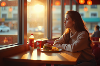 Jeune femme pensant devant un burger dans un fast food
