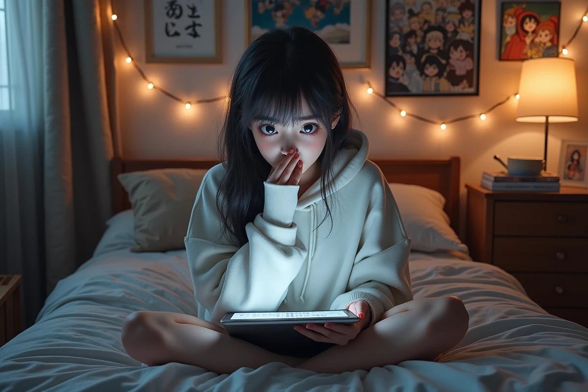 Une jeune femme stupéfaite lisant le chapitre 1149 de One Piece sur sa tablette dans sa chambre