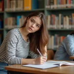 Jeune femme écrivant dans un carnet en bibliothèque