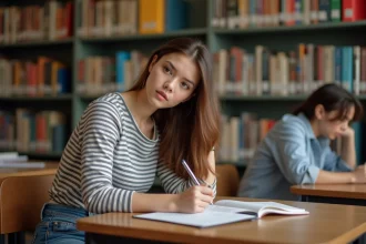 Jeune femme écrivant dans un carnet en bibliothèque