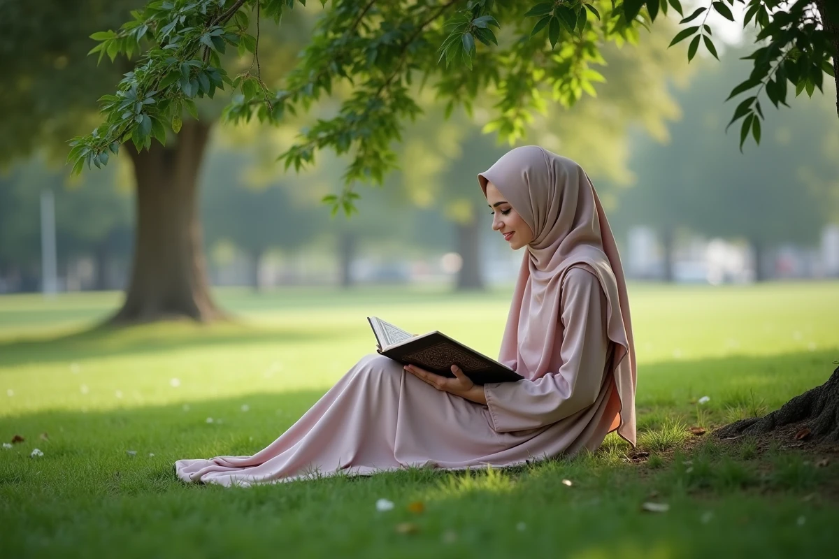 Jeune femme musulmane lisant le Quran dans un parc verdoyant
