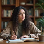 Jeune femme méditative avec Quran et carnet dans un intérieur