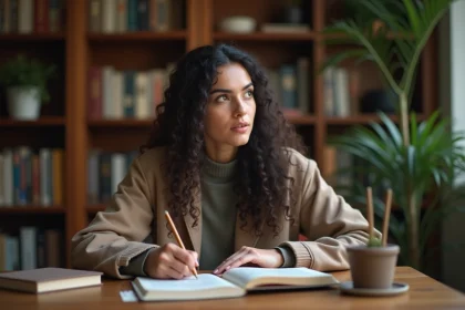 Jeune femme méditative avec Quran et carnet dans un intérieur