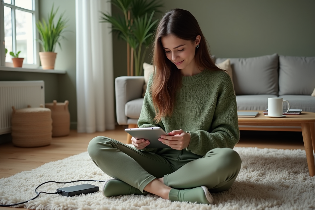 Jeune femme vérifiant des données avec un disque dur externe à la maison