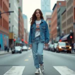 Jeune femme en denim marche dans la ville dynamique