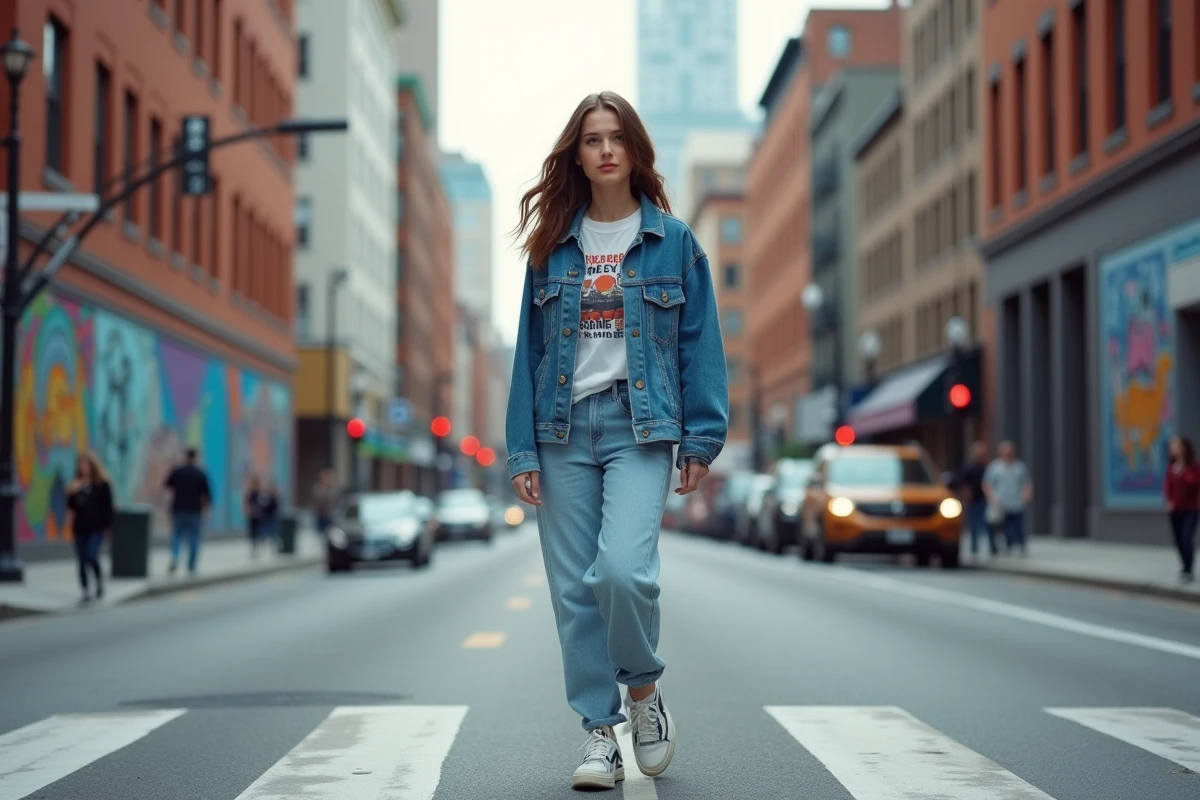 Jeune femme en denim marche dans la ville dynamique