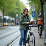 Jeune femme souriante vérifiant un horaire de tramway en ville