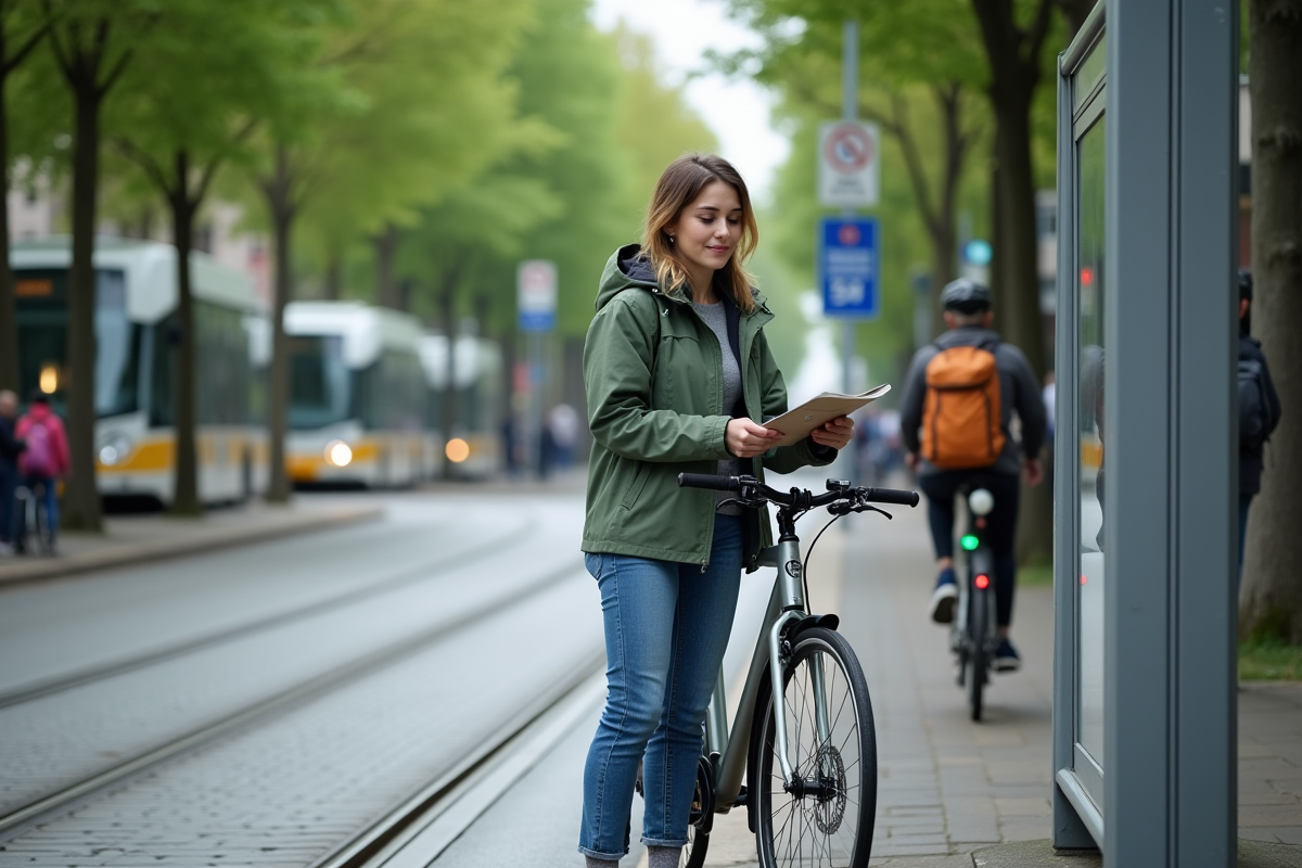 Jeune femme souriante vérifiant un horaire de tramway en ville