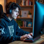 Jeune homme gamer avec casque concentré sur son écran