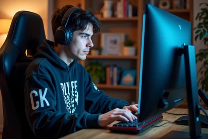 Jeune homme gamer avec casque concentré sur son écran