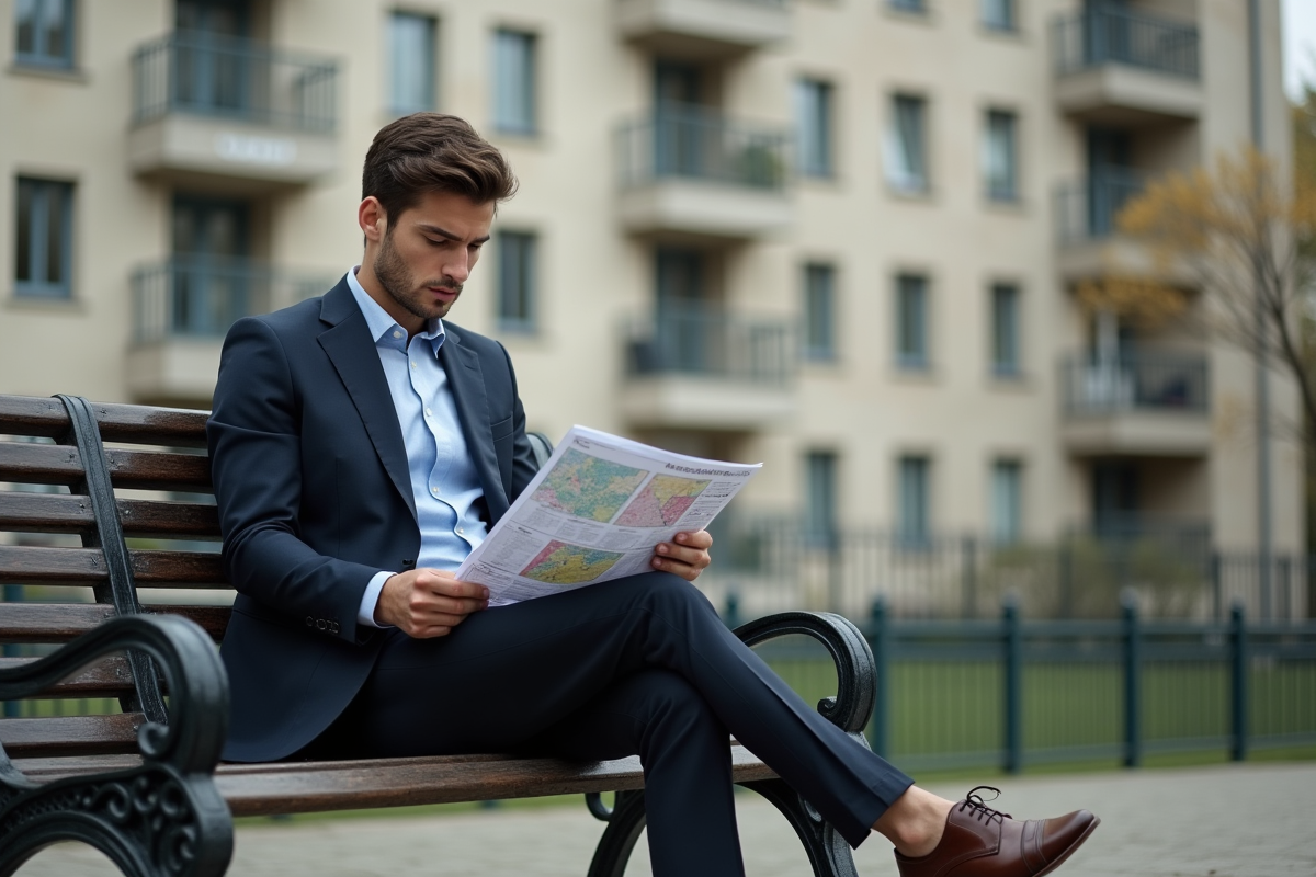 Jeune homme en costume examinant des documents de logement