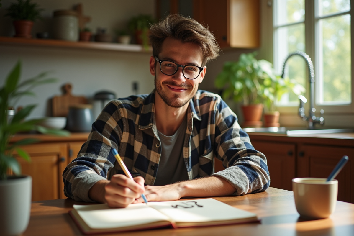 Jeune homme écrivant dans une cuisine lumineuse et chaleureuse