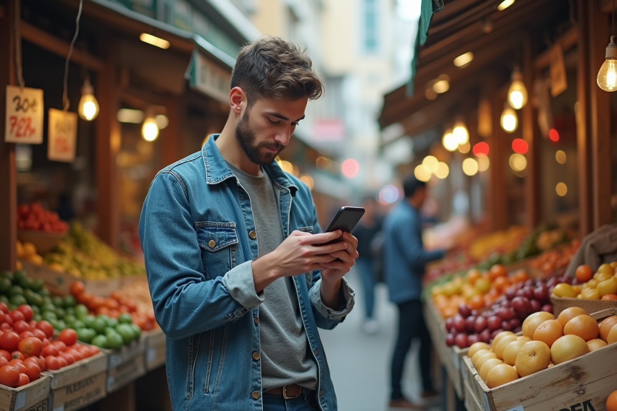 Jeune homme compare prix au marché en plein air