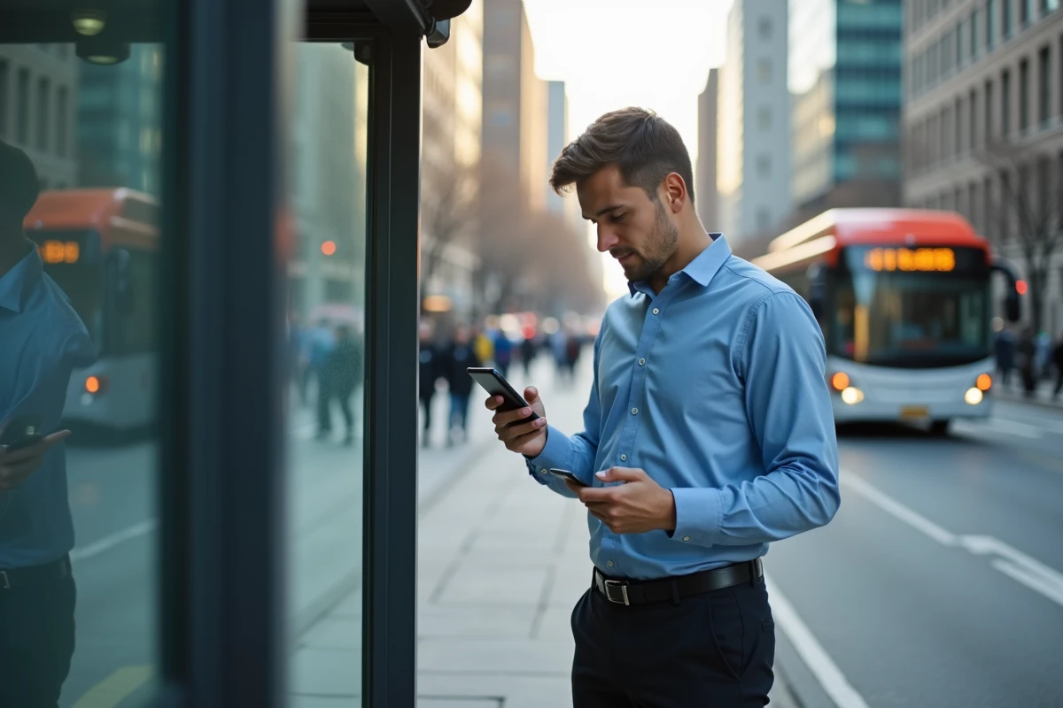 Jeune homme attendant à un arrêt de bus en ville